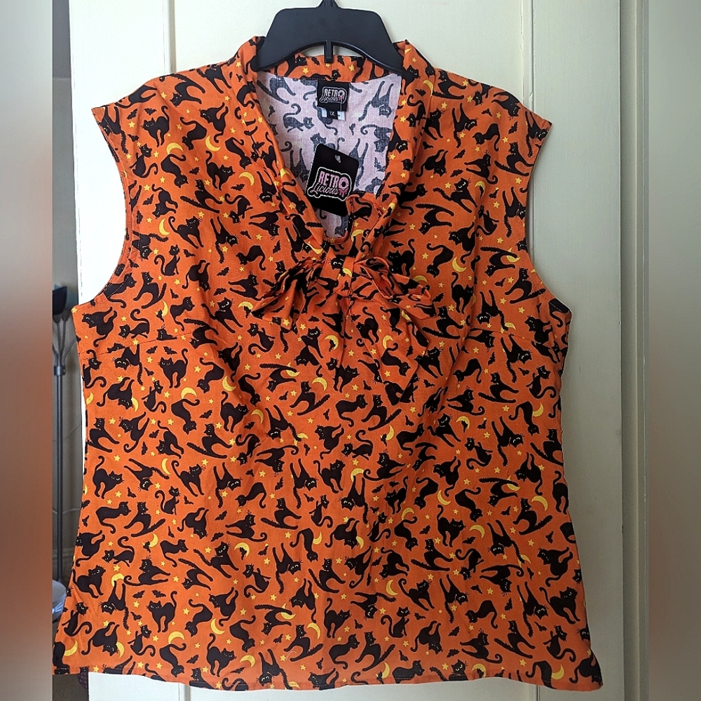 NWT! Retrolicious Plus Size Black Cat Bow Blouse - 1X - Unique Vintage